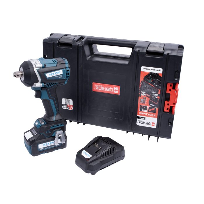 Akumulatorski udarni vijačnik 1/2", brezkrtačni 18 V, 850 Nm + baterija 5,0 Ah + polnilnik 3,5 A + škatla